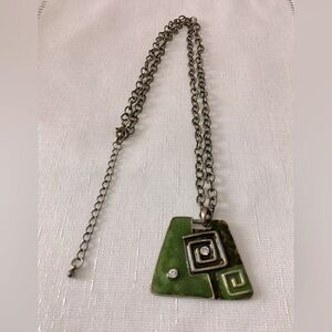 Green Enamel Antique Gold Tone Pendant Necklace